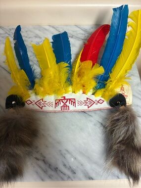 American Indian Costume Feather Headband - Yellow Blue Red Tribal Design